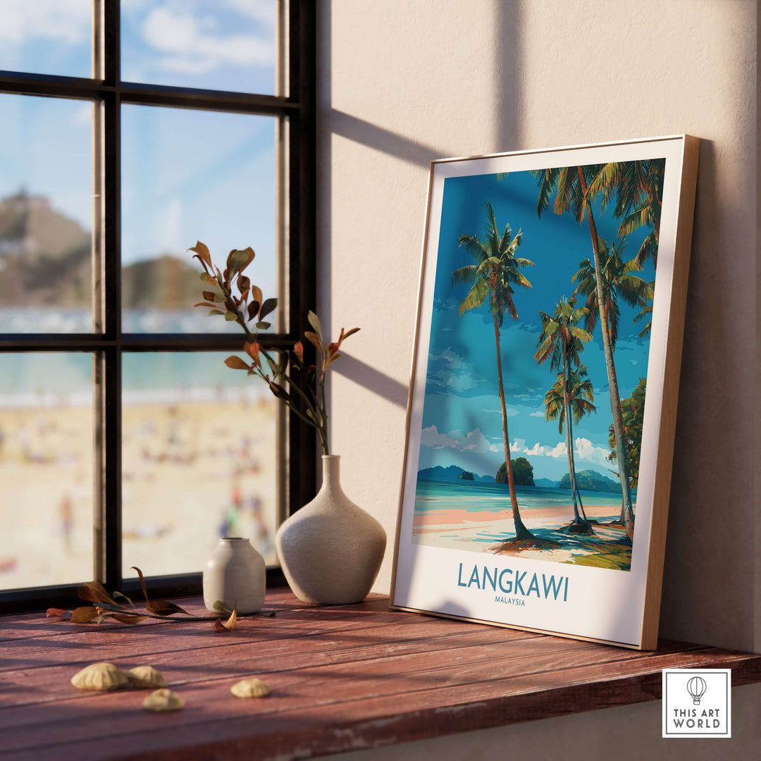 Langkawi Malaysia Print | White Sand Beach Poster featuring palm trees and beach view in a bright interior setting.