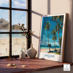 Langkawi Malaysia Print | White Sand Beach Poster featuring a beach scene with palm trees.