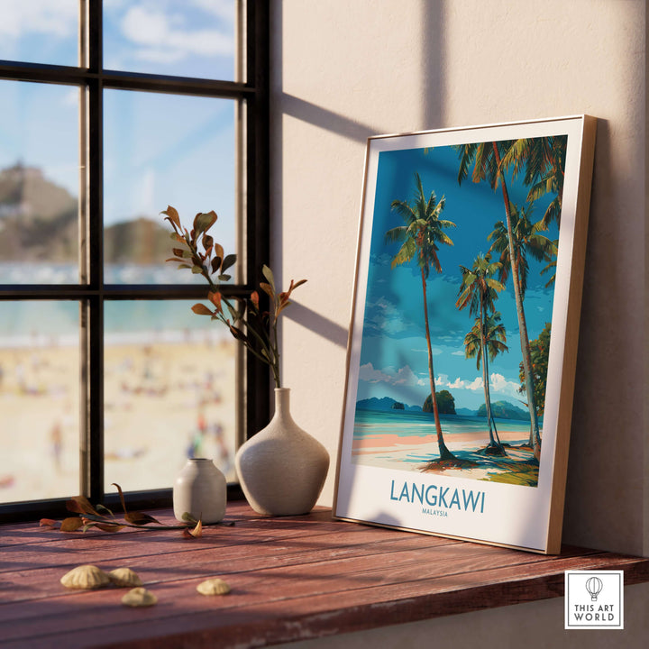 Langkawi Malaysia Print | White Sand Beach Poster featuring palm trees and beach view in a bright interior setting.