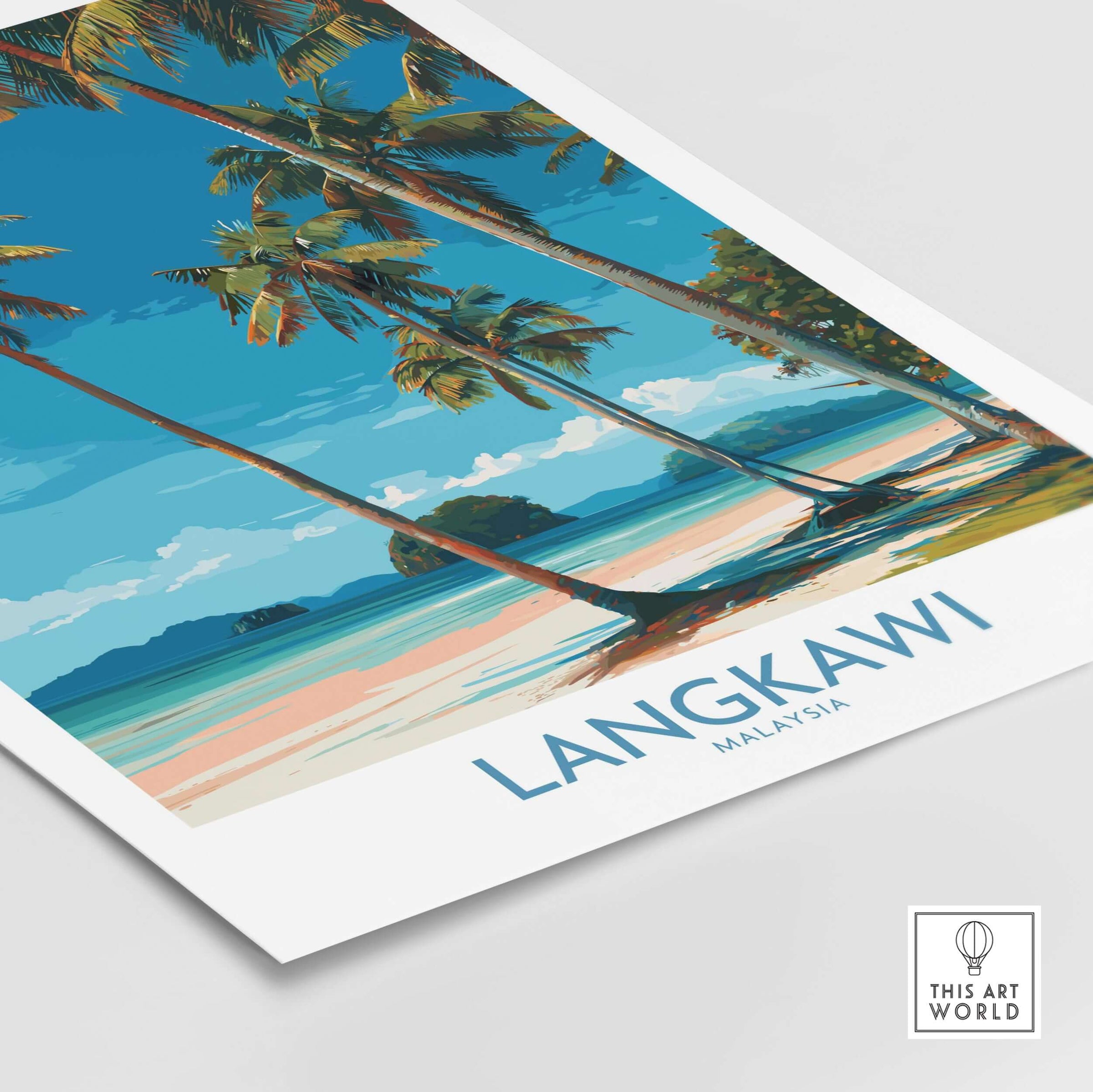 Langkawi Malaysia Print | White Sand Beach Poster featuring tropical palm trees and a serene beach scene.
