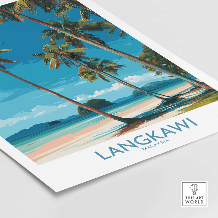 Langkawi Malaysia Print | White Sand Beach Poster featuring palm trees and blue waters.