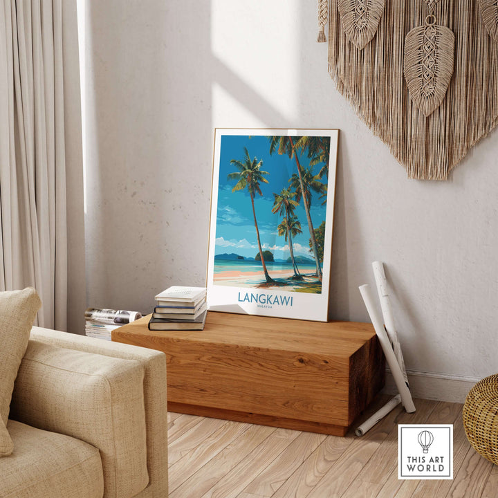 Langkawi Malaysia Print | White Sand Beach Poster displayed in a modern living room setting with wooden decor