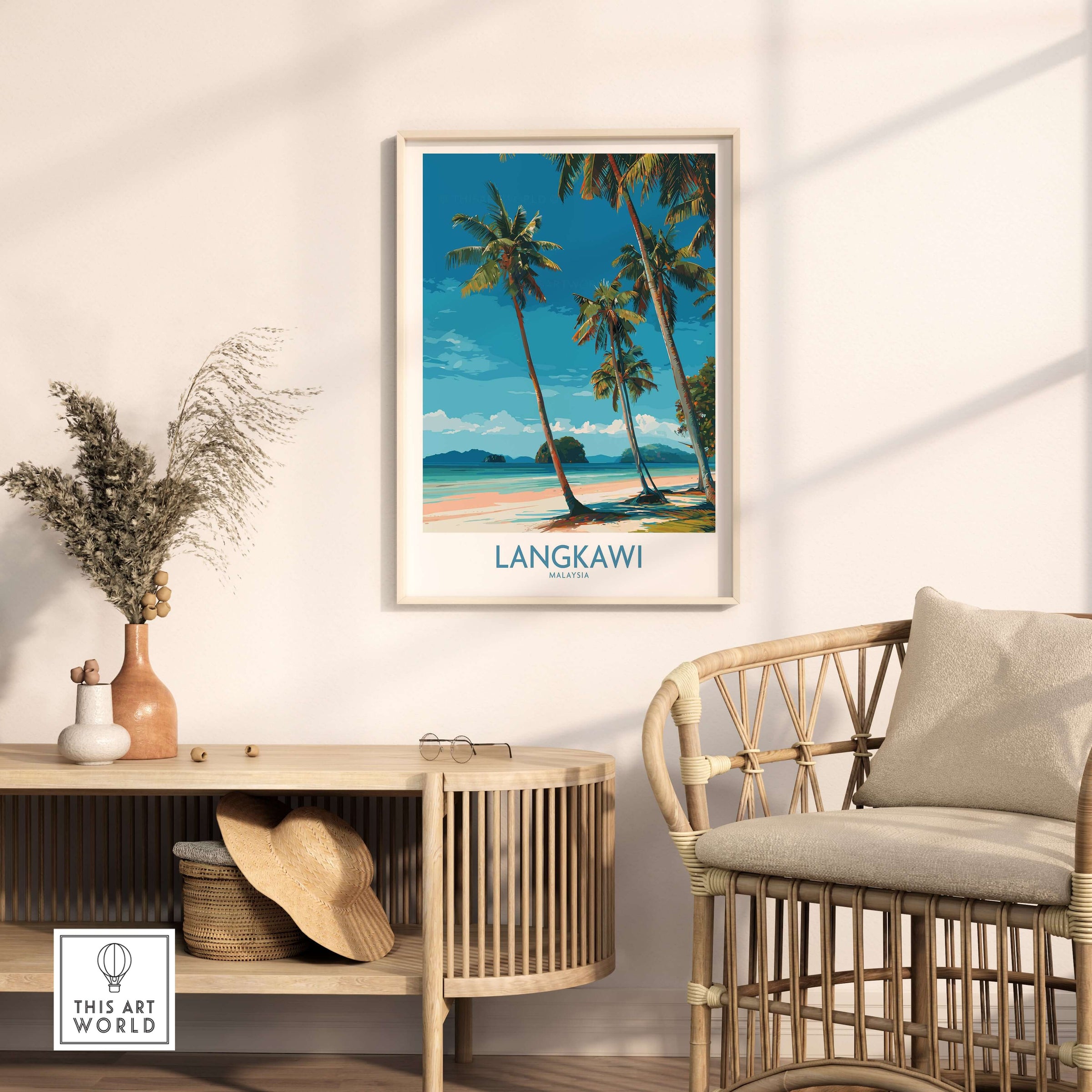 Langkawi Malaysia Print | White Sand Beach Poster displayed in a stylish room with tropical decor and a cozy chair.