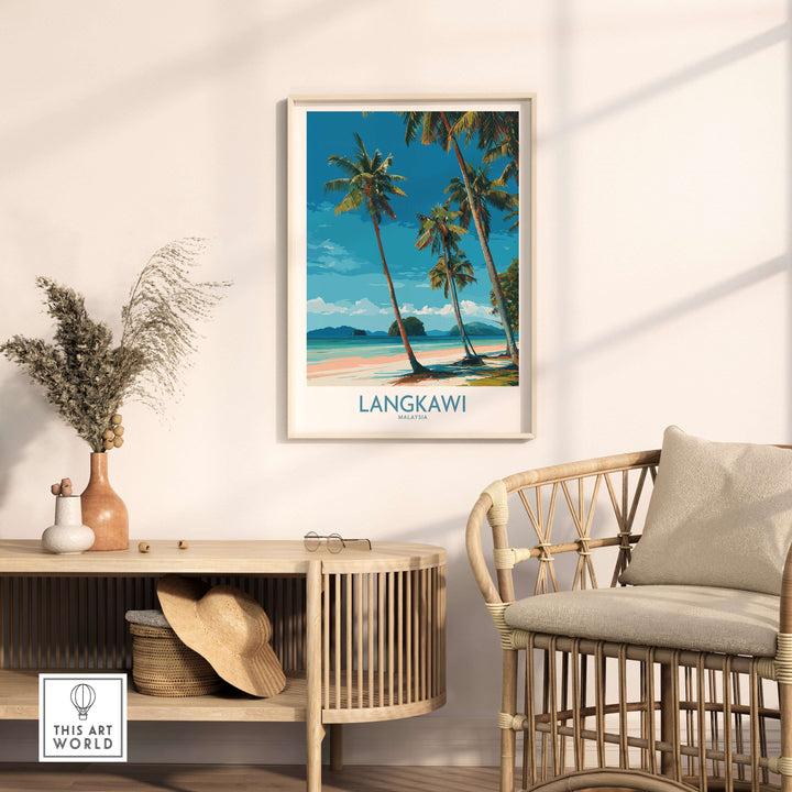 Langkawi Malaysia Print | White Sand Beach Poster framed on wall with a rattan chair and decor.