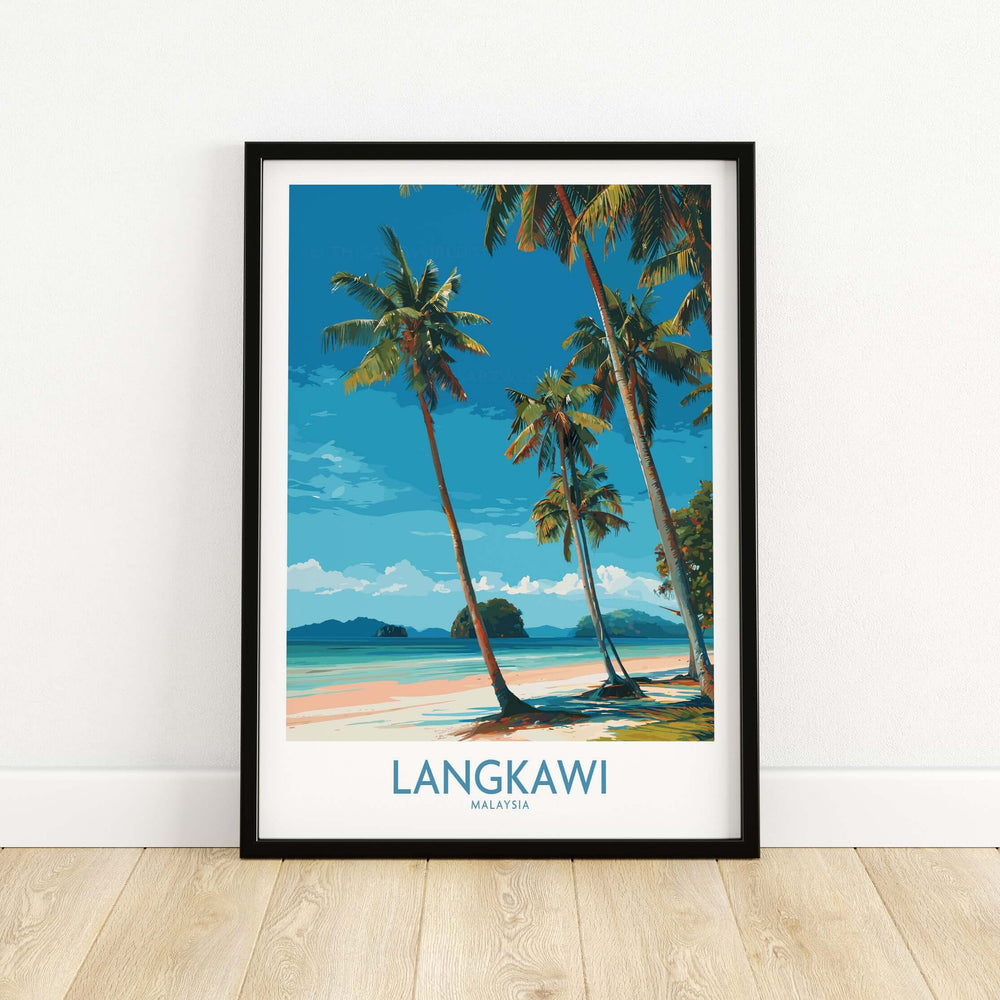 Langkawi Malaysia Print | White Sand Beach Poster featuring palm trees and serene ocean views.