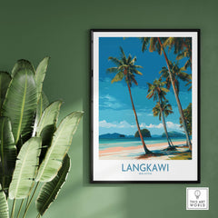 Langkawi Malaysia Print | White Sand Beach Poster featuring tropical palm trees and blue waters.