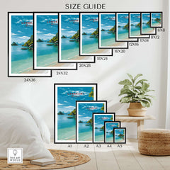 Size guide for Langkawi Print | Malaysian Coastal Wall Art showcasing various frame sizes.