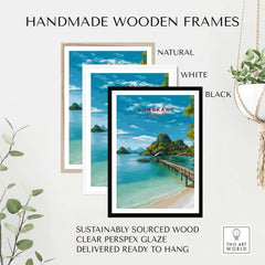 Handmade wooden frames displaying the Langkawi Print | Malaysian Coastal Wall Art in natural, white, and black options.