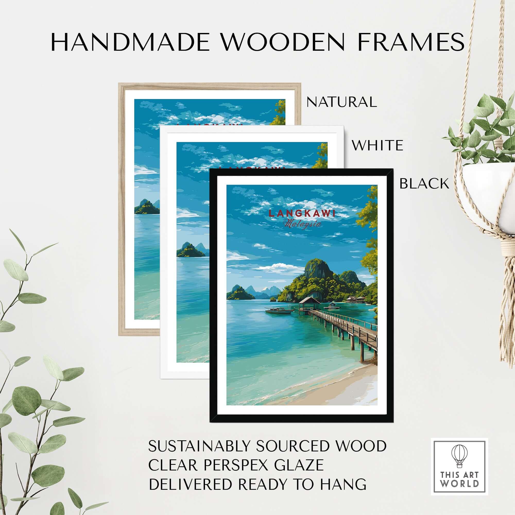 Handmade wooden frames displaying the Langkawi Print | Malaysian Coastal Wall Art in natural, white, and black options.