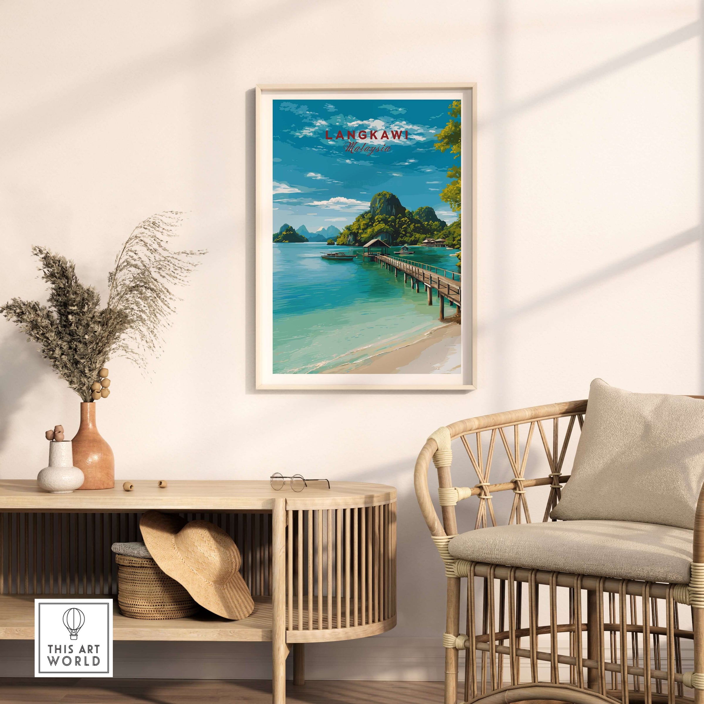 Langkawi Print | Malaysian Coastal Wall Art showcasing a serene beach scene in a stylish interior setting.