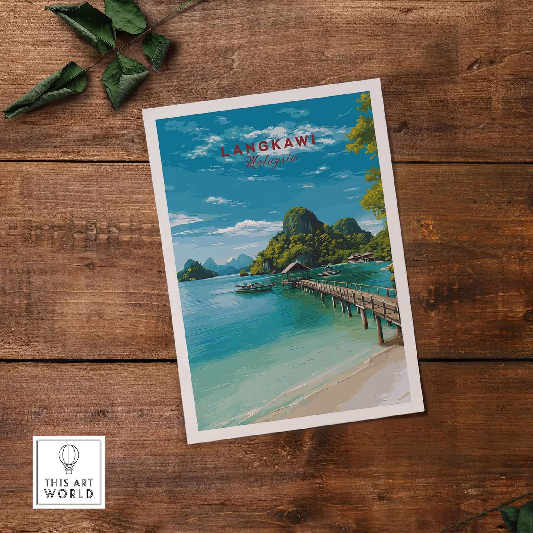 Langkawi Print | Malaysian Coastal Wall Art featuring idyllic beach and tropical landscape on wooden background.