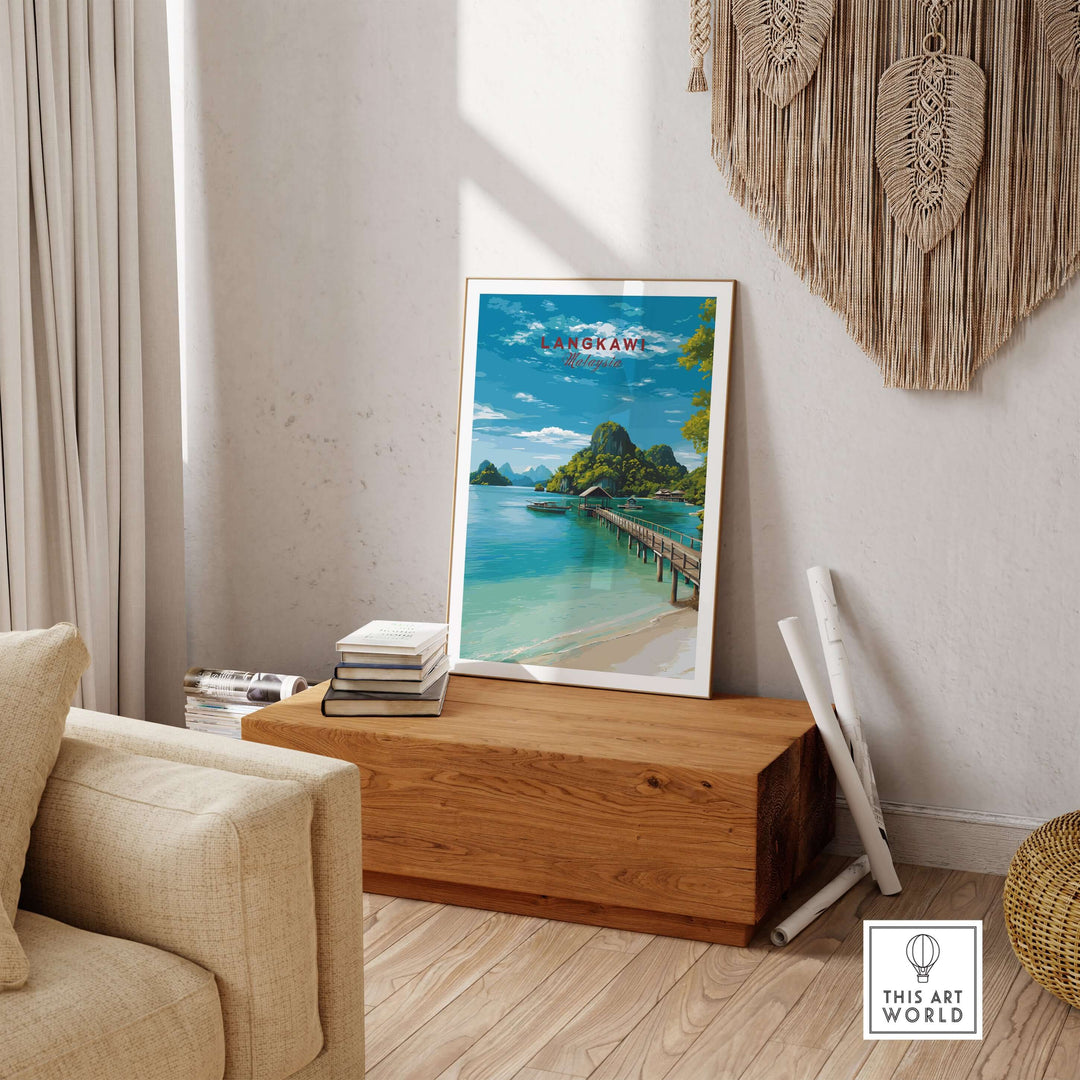 Langkawi Print | Malaysian Coastal Wall Art displayed in a modern living room setting with wooden furniture.