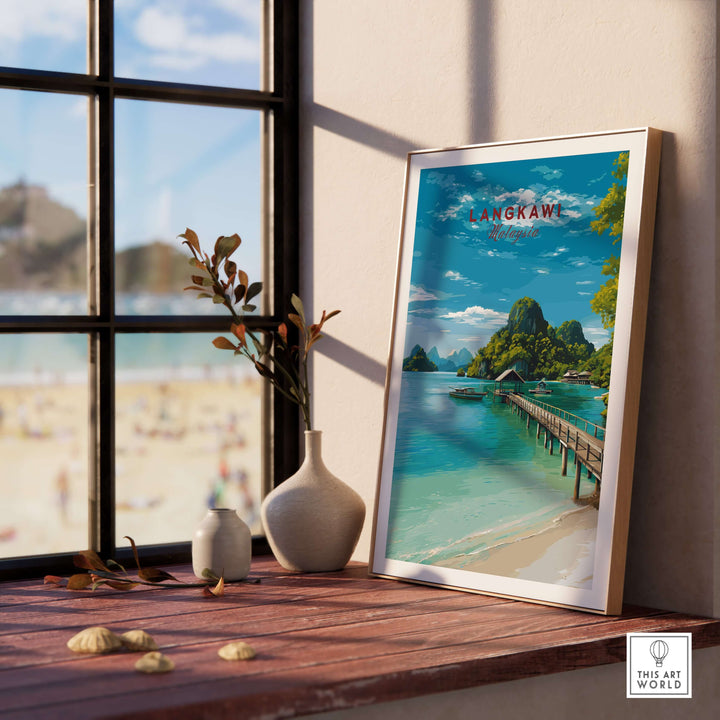 Langkawi Print | Malaysian Coastal Wall Art displayed in a sunlit room, showing a vibrant beach landscape.