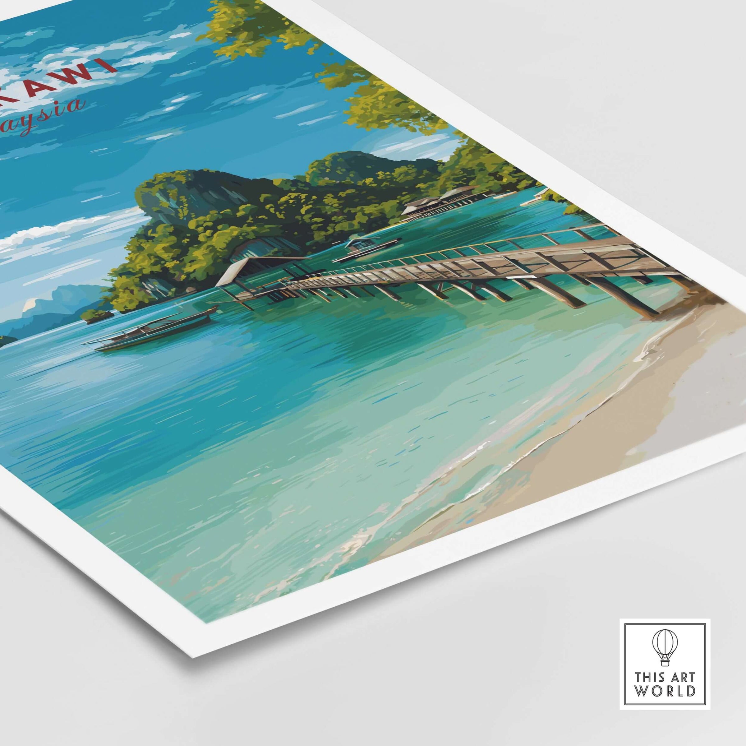 Langkawi Print | Malaysian Coastal Wall Art featuring a serene beach scene with a wooden pier and tropical landscape.