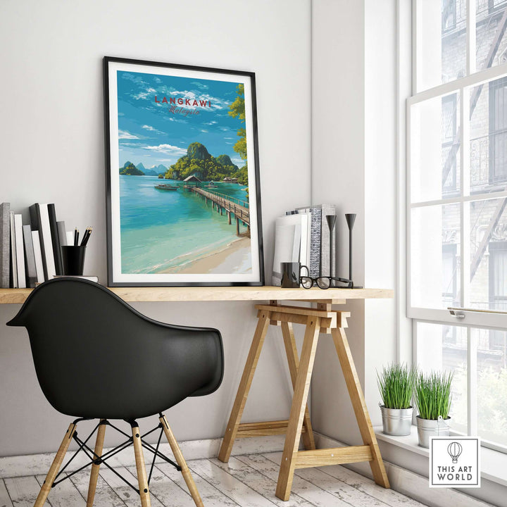 Langkawi Print | Malaysian Coastal Wall Art showcased in a stylish workspace with scenic beach view.