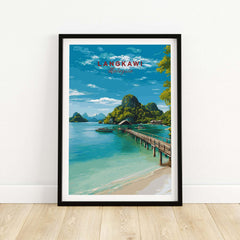 Langkawi Print | Malaysian Coastal Wall Art depicting a scenic tropical landscape with a pier and vibrant blue water.