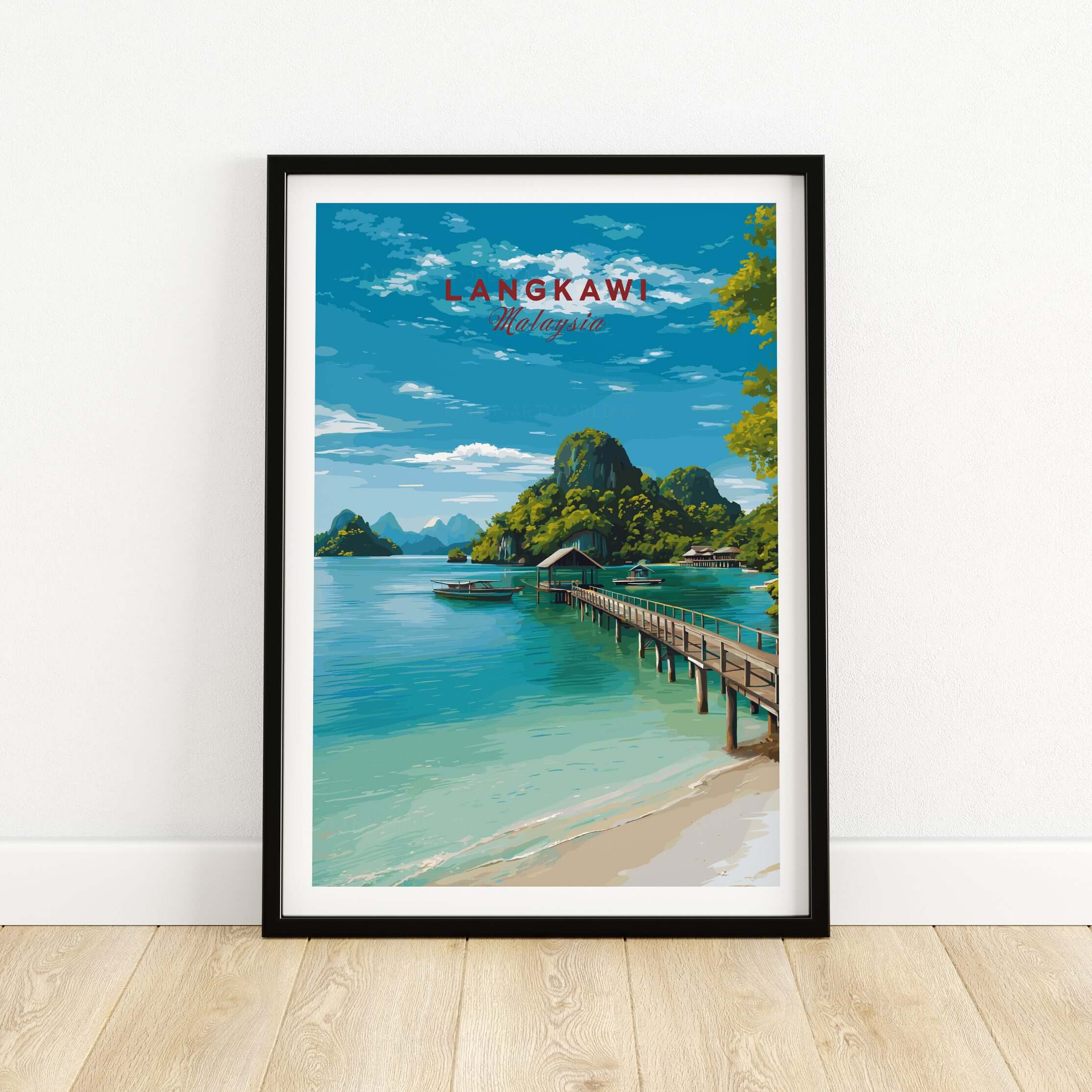 Langkawi Print | Malaysian Coastal Wall Art depicting a scenic tropical landscape with a pier and vibrant blue water.