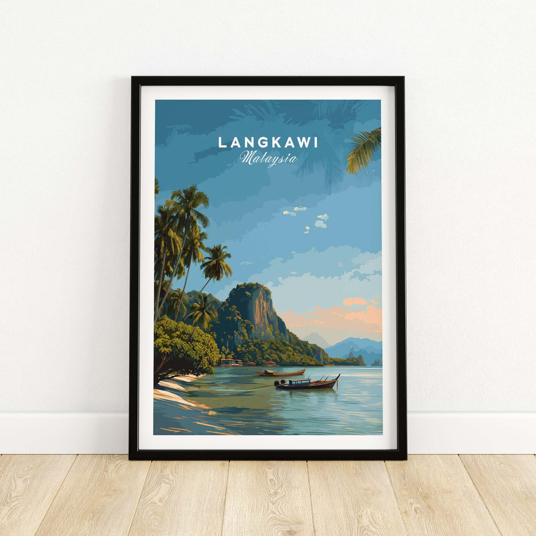 Langkawi Print | Southeast Asia Wall Decor featuring a tranquil coastal scene with palm trees and mountains.