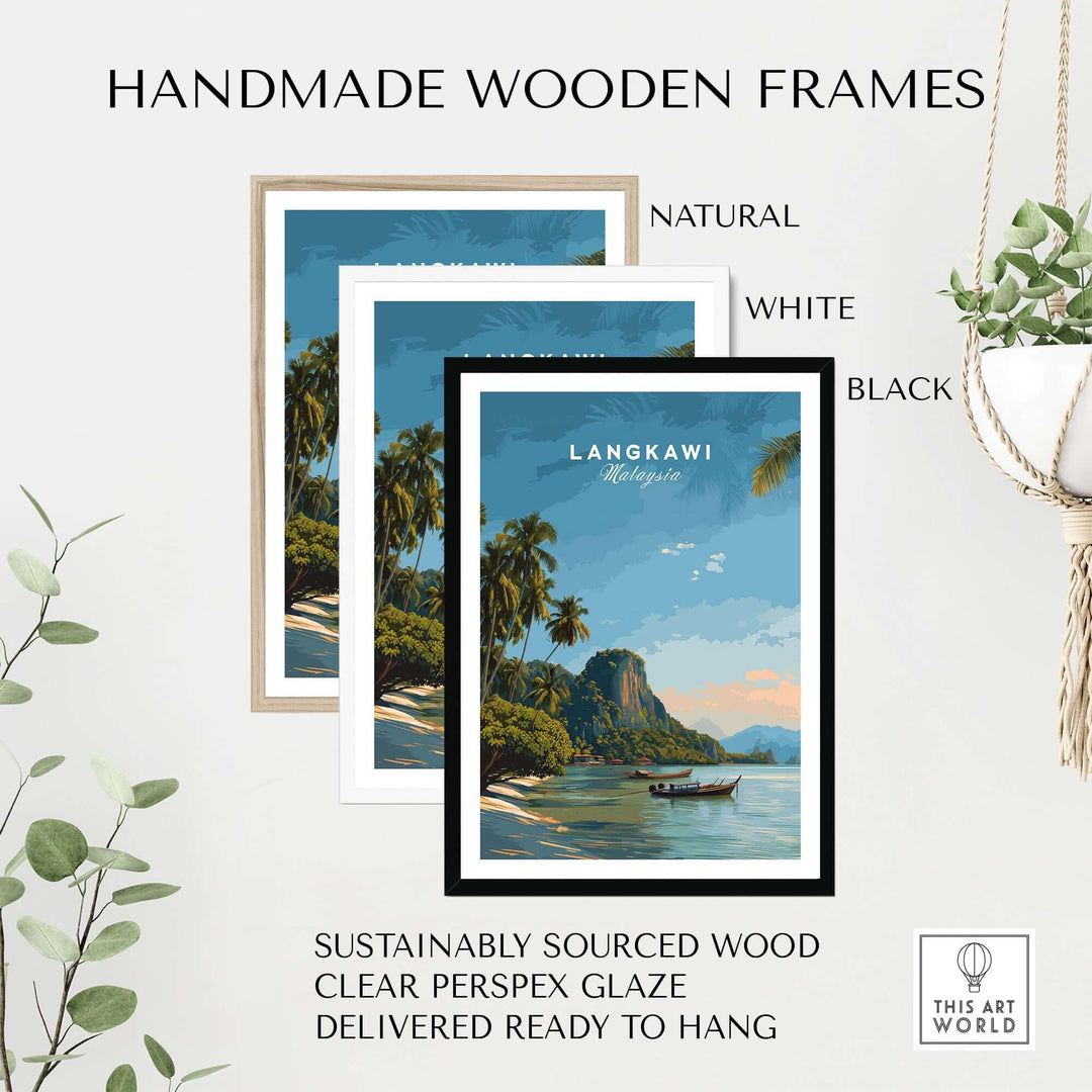 Langkawi Print | Southeast Asia Wall Decor framed in natural, white, and black handmade wooden frames with tropical scenery.