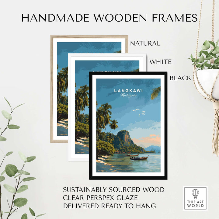 Langkawi Print | Southeast Asia Wall Decor framed in natural, white, and black handmade wooden frames with tropical scenery.