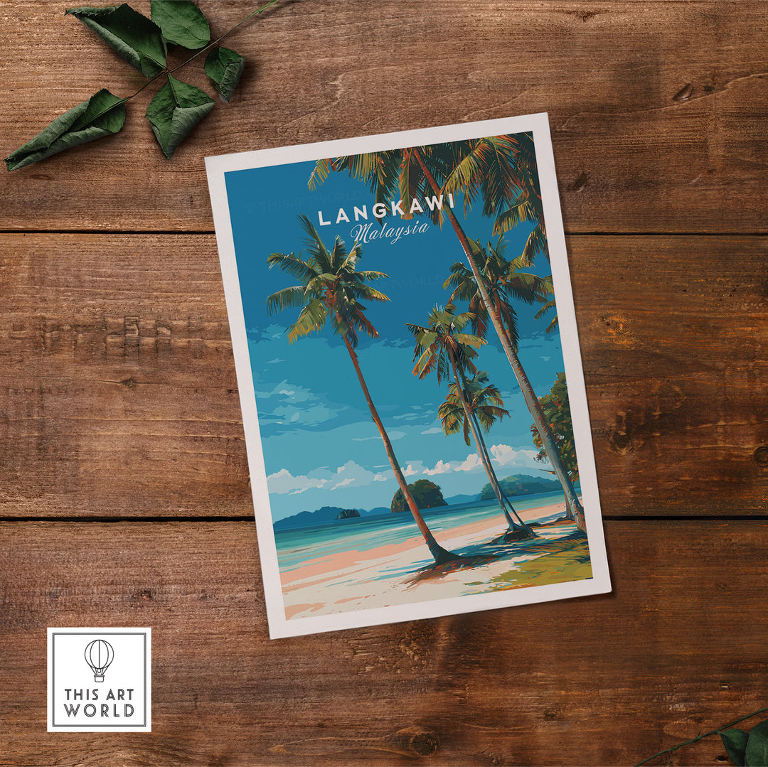 Langkawi Tropical Island Print | Malaysia Poster featuring palm trees and beach scenery on a wooden background.