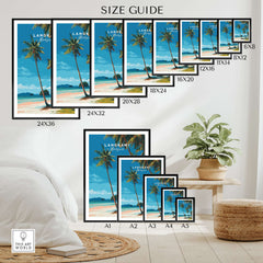 Langkawi Tropical Island Print | Malaysia Poster Size Guide showcasing various frame sizes and styles.