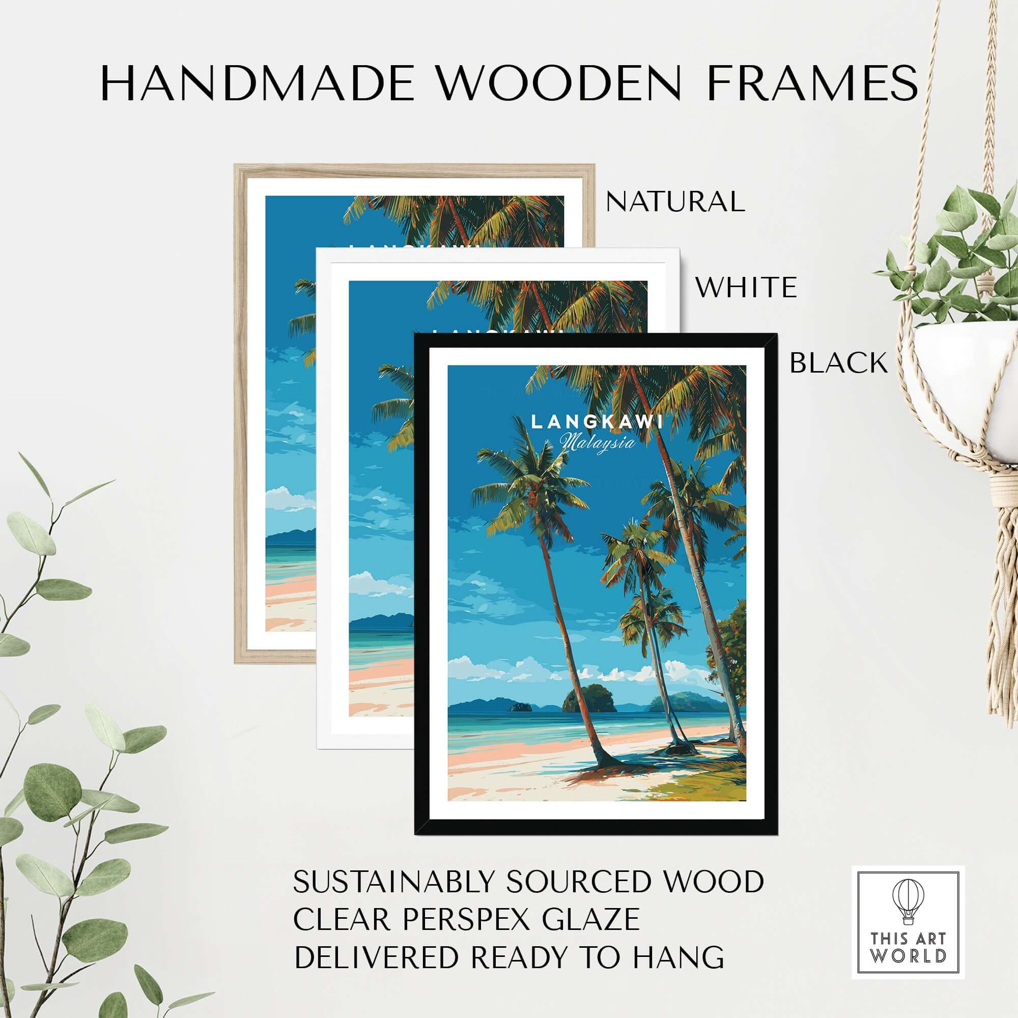 Handmade wooden frames in natural, white, and black showcasing the Langkawi Tropical Island Print | Malaysia Poster.
