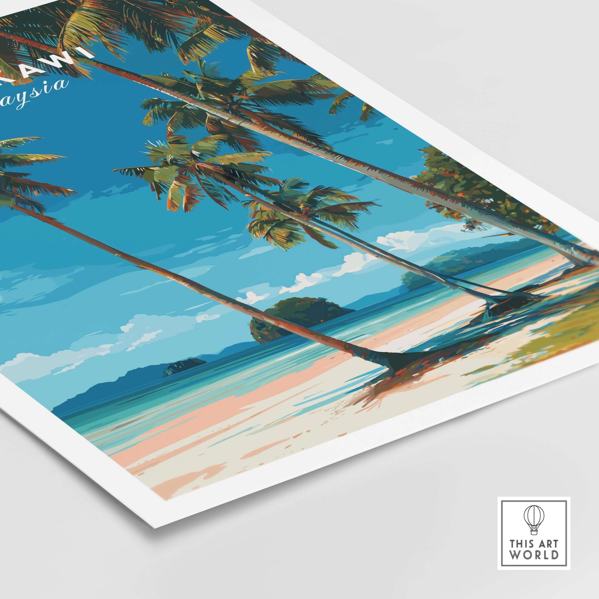 Langkawi Tropical Island Print | Malaysia Poster featuring vibrant palm trees and a stunning beach scene.