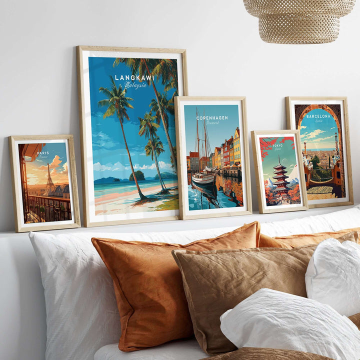 Framed Langkawi Tropical Island Print | Malaysia Poster displayed on a wall with other travel posters, enhancing home decor.