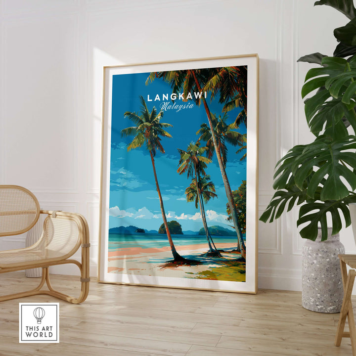 Langkawi Tropical Island Print | Malaysia Poster featuring vibrant palm trees and scenic beach in a modern interior.
