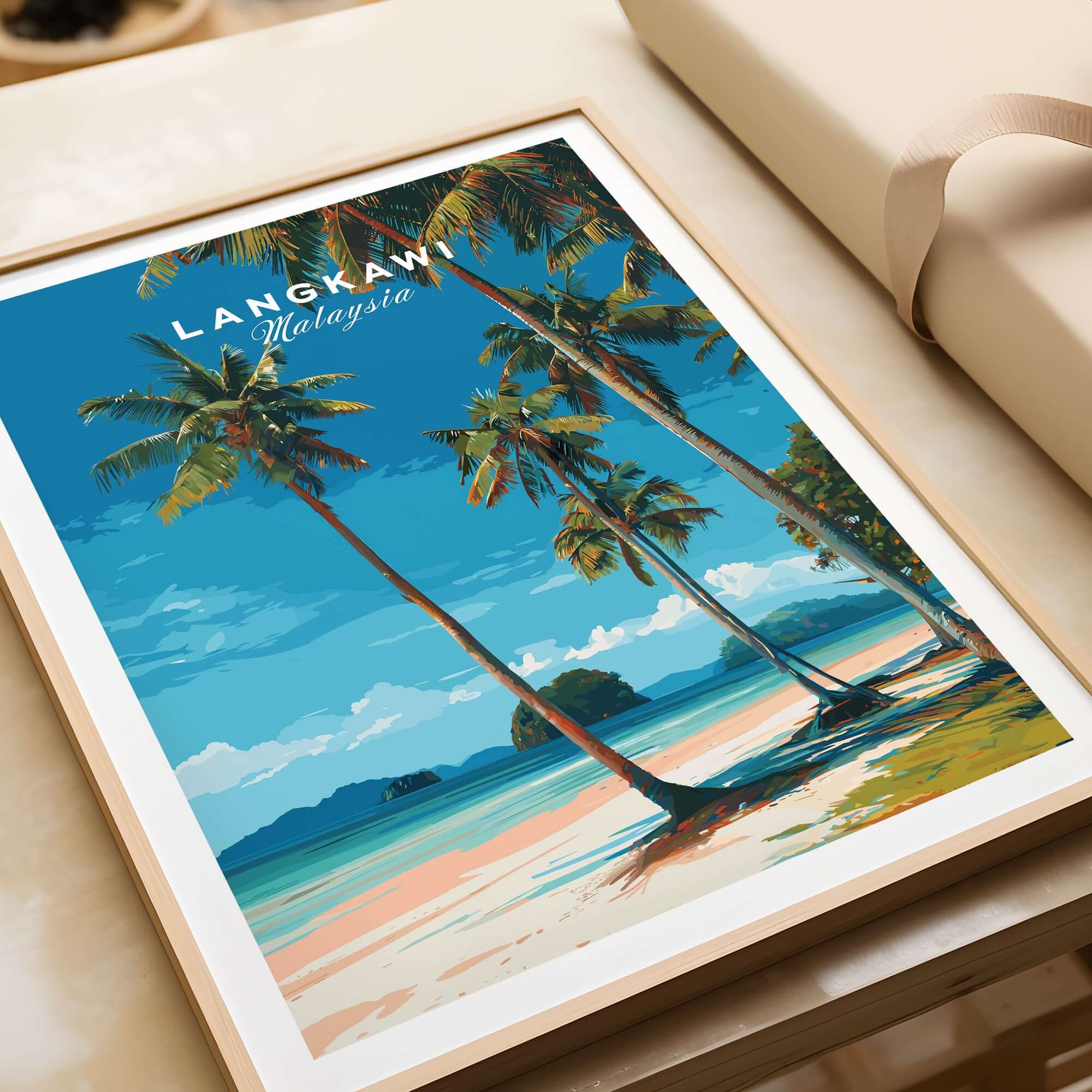 Langkawi Tropical Island Print | Malaysia Poster featuring palm trees and a vibrant beach scene.