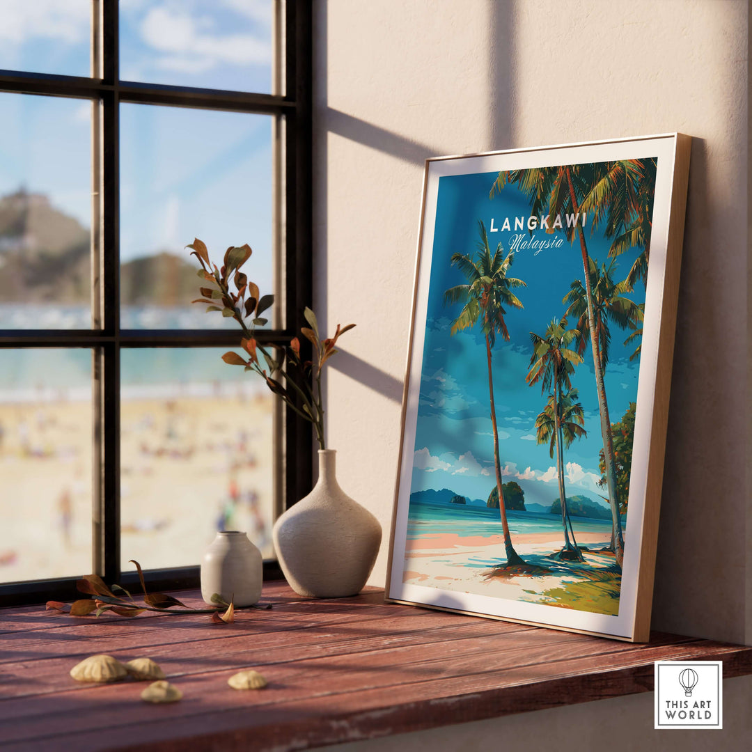 Langkawi Tropical Island Print | Malaysia Poster displayed on a wooden table by a window.