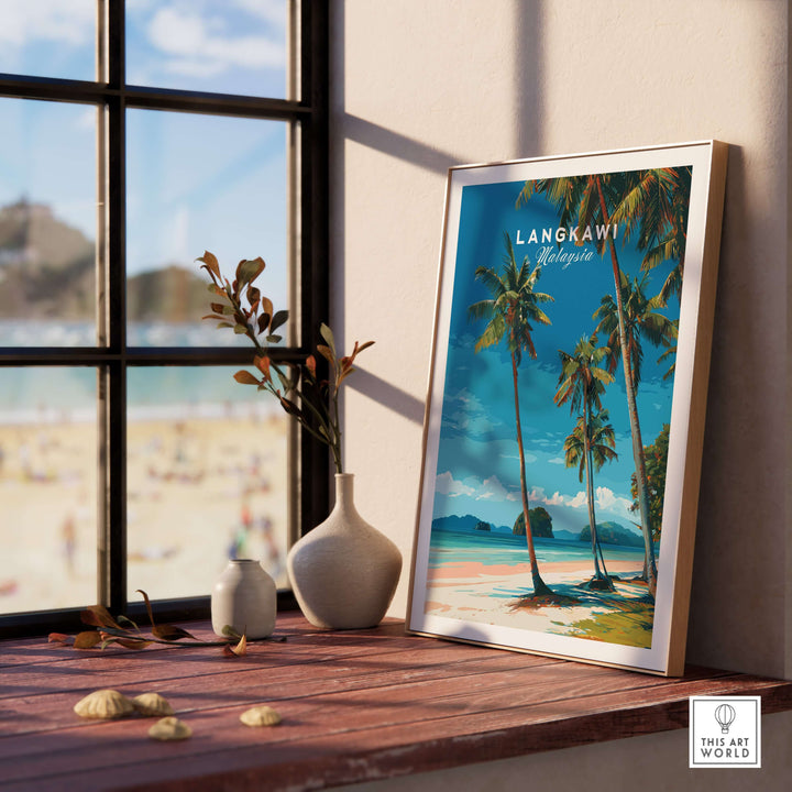 Langkawi Tropical Island Print | Malaysia Poster displayed on a wooden table by a window.