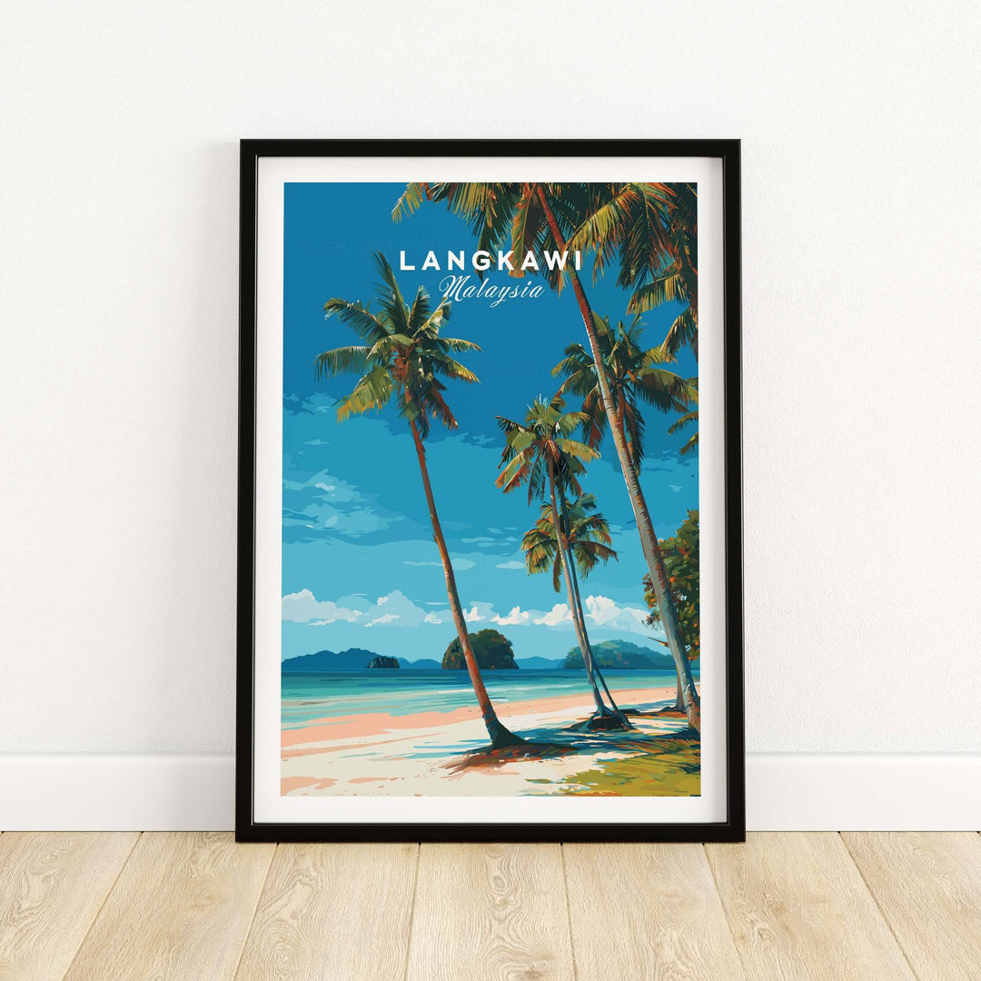 Langkawi Tropical Island Print | Malaysia Poster featuring palm trees and a serene beach view.