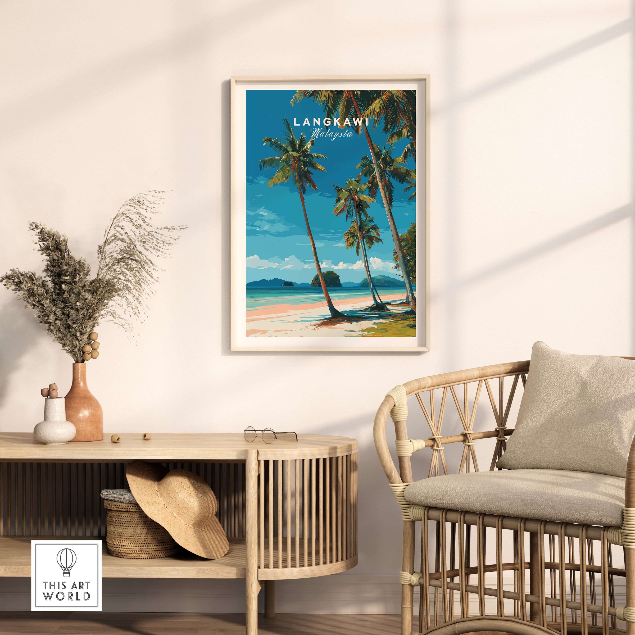 Langkawi Tropical Island Print | Malaysia Poster featuring palm trees and a serene beach view in a stylish interior setting.