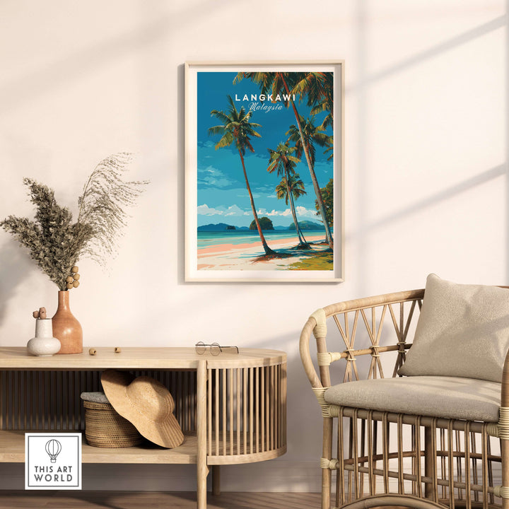 Langkawi Tropical Island Print | Malaysia Poster framed in a modern interior with tropical decor and natural light.