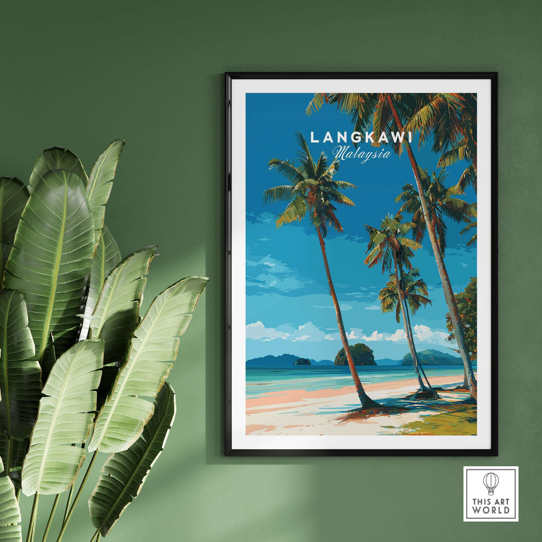 Langkawi Tropical Island Print | Malaysia Poster showcasing palm trees and beach on a green wall.
