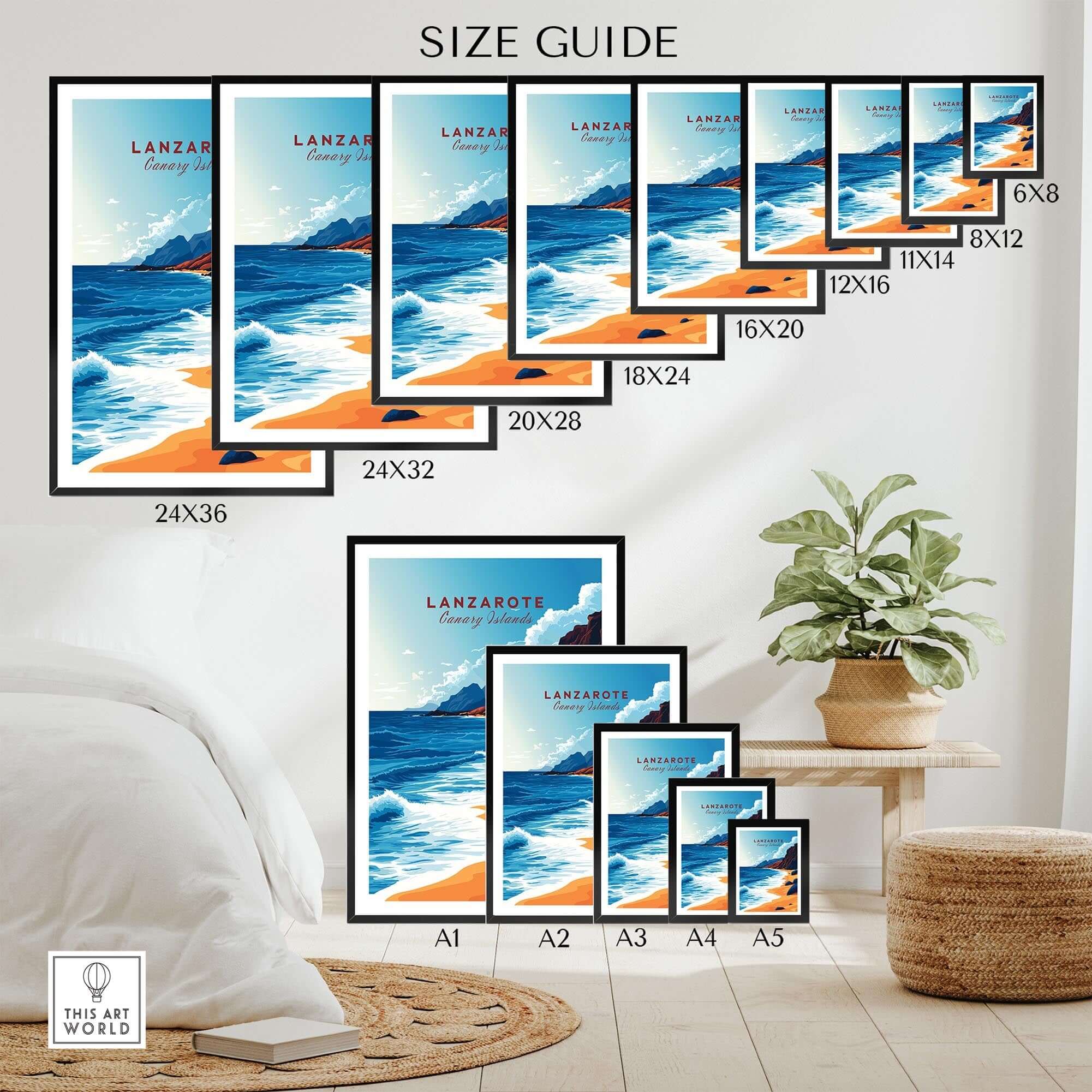 Size guide for Lanzarote Canary Islands Spain Poster showing various dimensions for wall art prints.