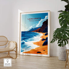 Lanzarote Canary Islands Spain Poster featuring a scenic beach landscape, perfect for wall art decor.