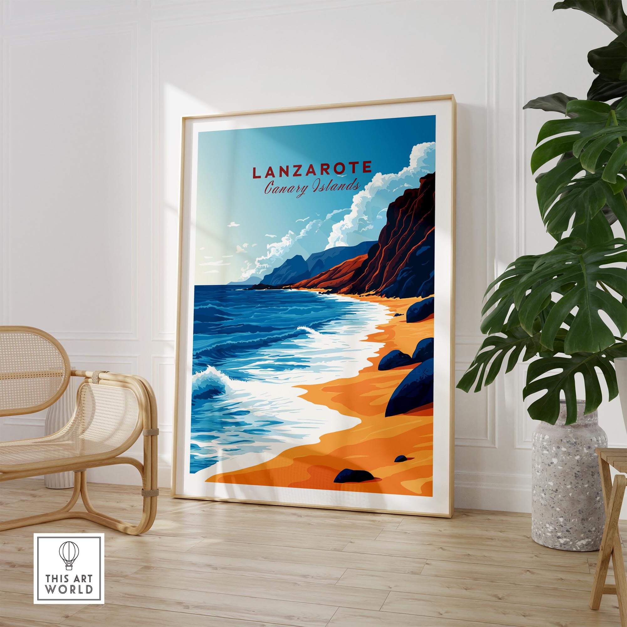 Lanzarote Canary Islands Spain Poster featuring a scenic beach landscape, perfect for wall art decor.