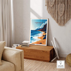 Lanzarote Canary Islands Spain Poster displayed in a stylish living room setting, showcasing its vibrant colors and coastal beauty.