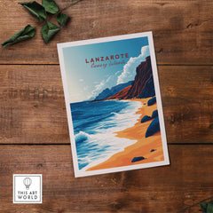 Lanzarote Canary Islands Spain Poster showcasing a vibrant beach scene with cliffs and waves.