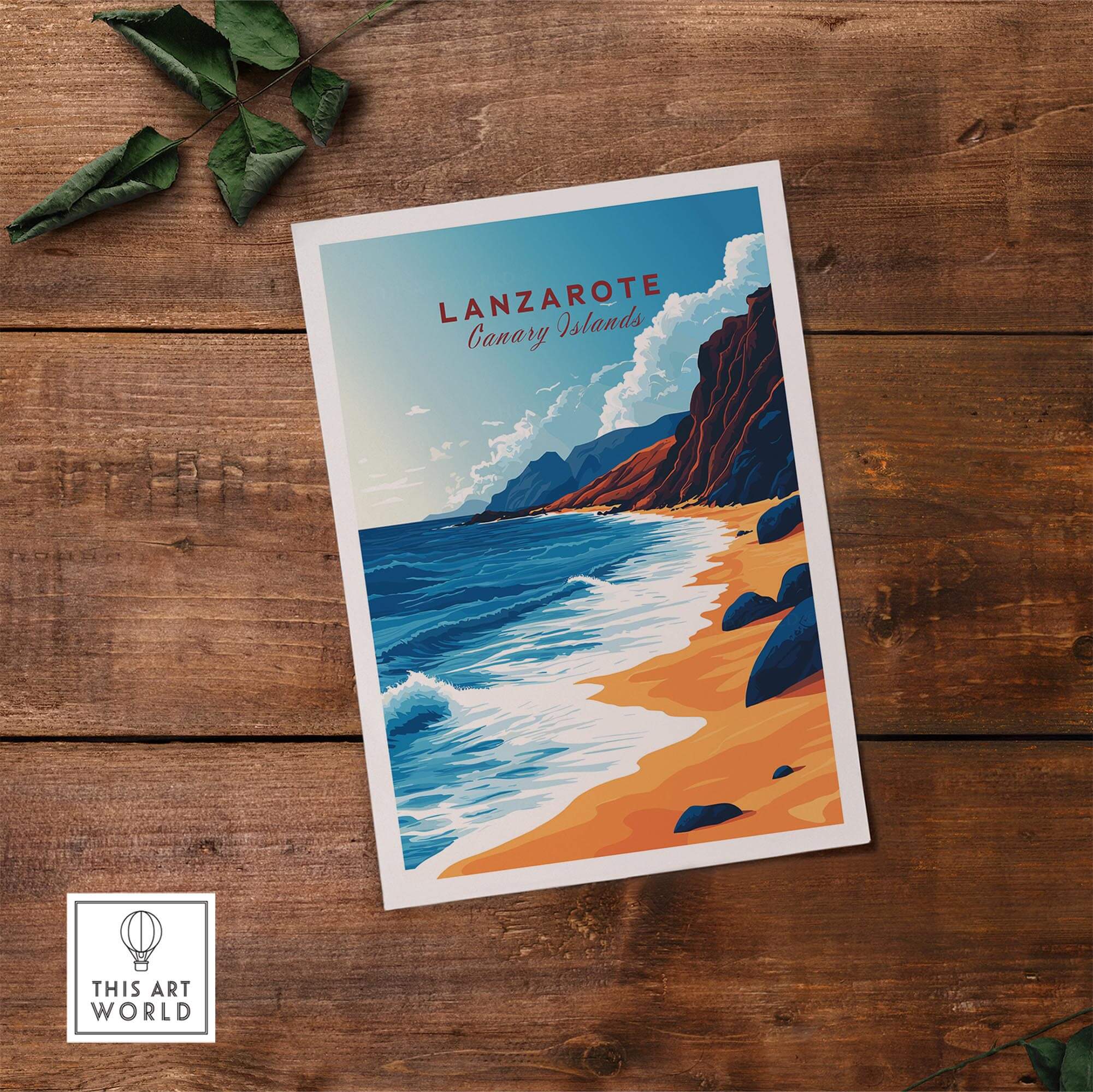 Lanzarote Canary Islands Spain Poster showcasing a vibrant beach scene with cliffs and waves.