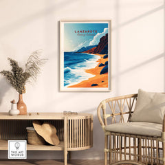 Lanzarote Canary Islands Spain Poster displayed in a stylish interior, showcasing its vibrant coastal scenery.