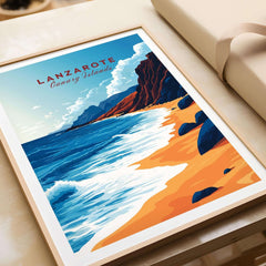 Lanzarote Canary Islands Spain Poster showcasing the beaches and mountains of Lanzarote, vibrant colors, stunning wall art.