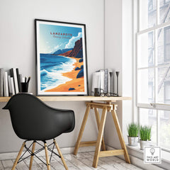 Lanzarote Canary Islands Spain Poster displayed on a desk in a stylish room setting with natural light.