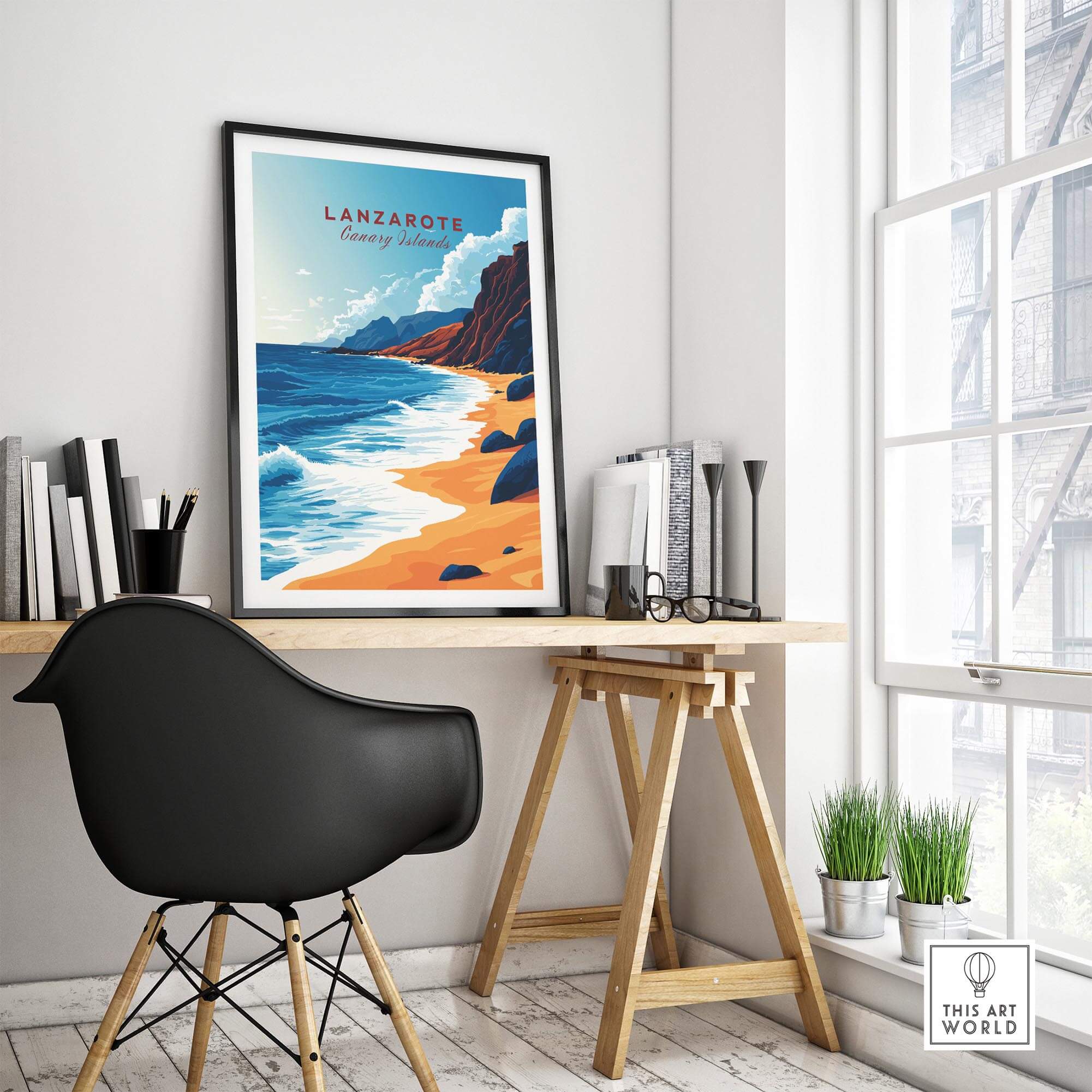 Lanzarote Canary Islands Spain Poster displayed on a desk in a stylish room setting with natural light.