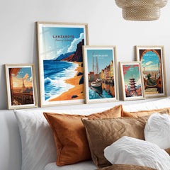 Lanzarote Canary Islands Spain Poster displayed with other travel-themed posters on a stylish wall.