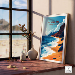 Lanzarote Canary Islands Spain Poster displayed in a cozy interior, showcasing beautiful beach and ocean scenery.