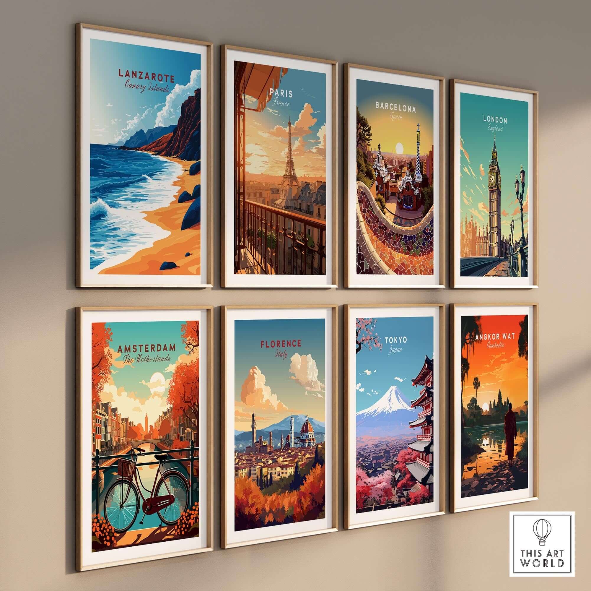 Lanzarote Canary Islands Spain Poster and other city posters displayed on a wall, showcasing travel destinations.